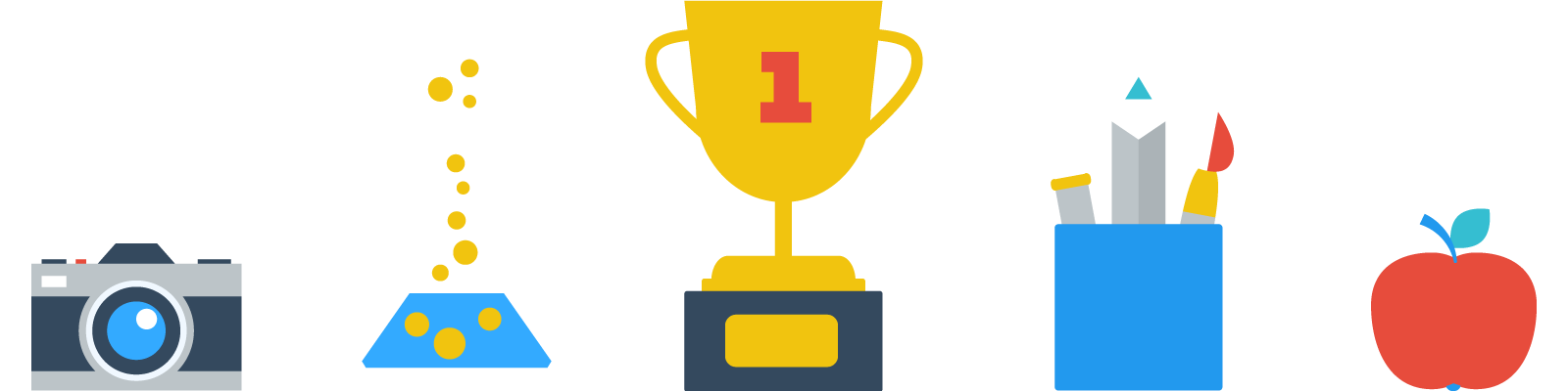 ePraise banner with camera, science flask, trophy, stationery, and apple